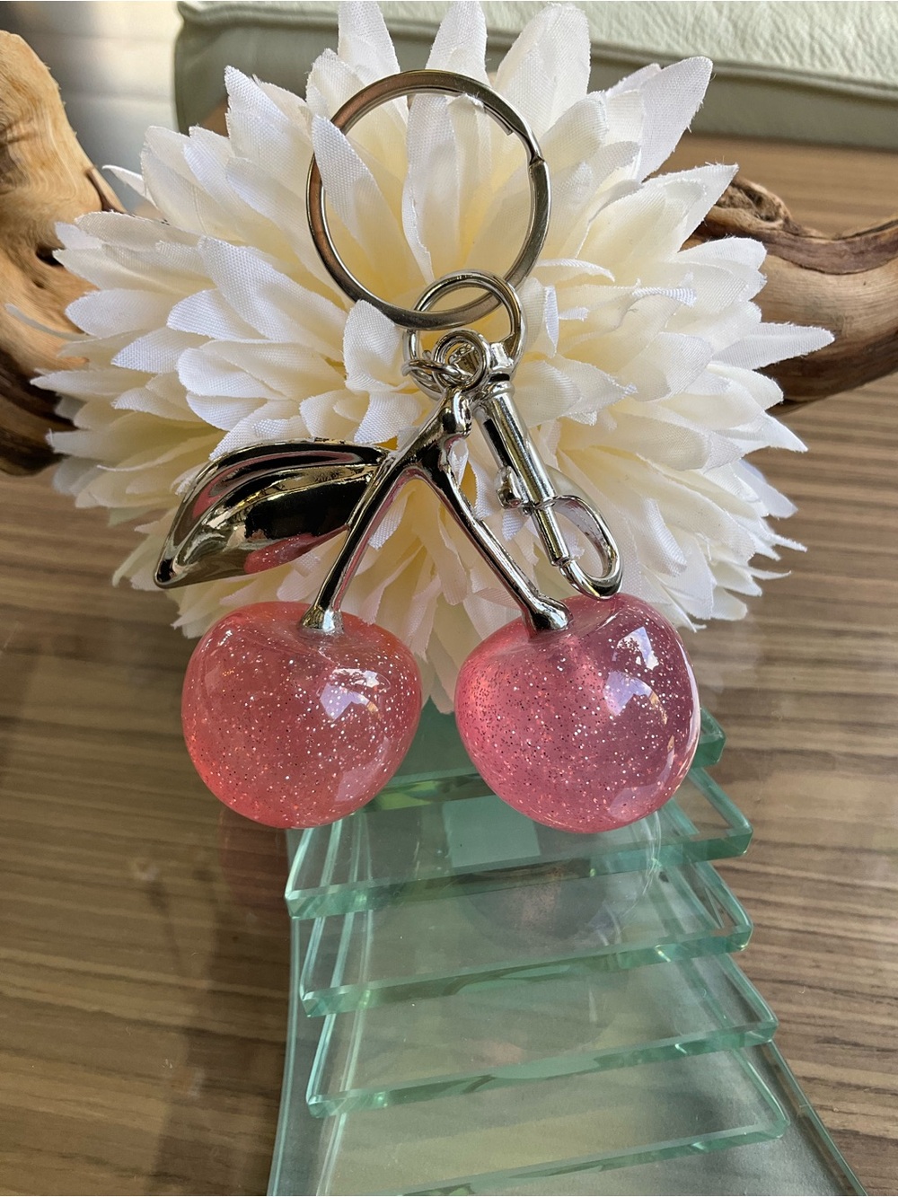 Pink Glitter Cherry Keychain Charm with Silver Hardware